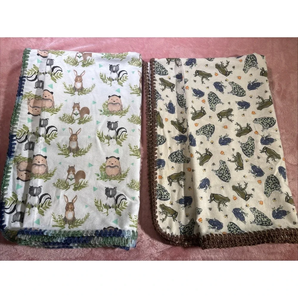 Woodland Animals & Frogs Baby Blanket Lot Of Two, Crochet Trim 42x35.